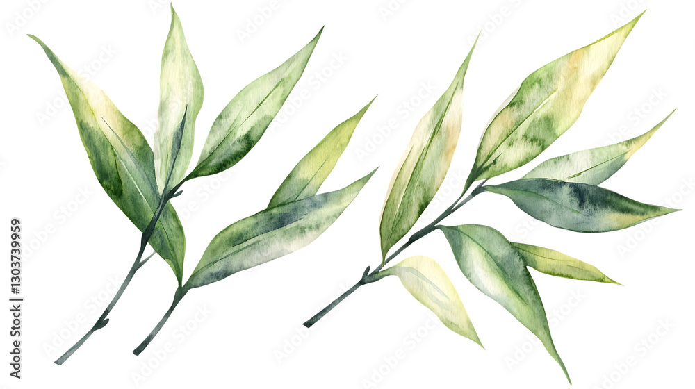 Fototapeta premium Watercolor bamboo leaves illustration with natural tones and delicate textures. A serene botanical design for creative and decorative uses. Isolated on transparent background.