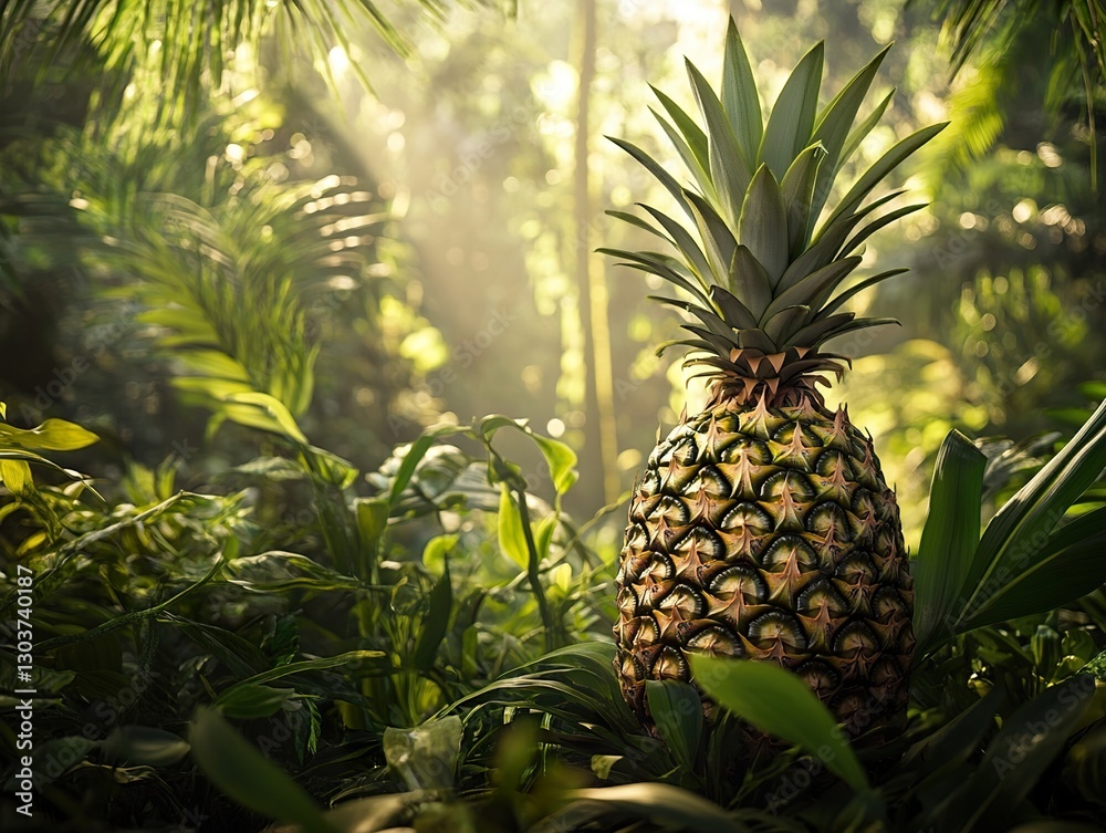 Fototapeta premium A pineapple standing upright in the middle of a lush rainforest, surrounded by dense green foliage and dappled sunlight.