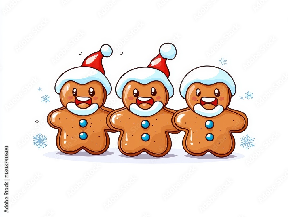 Fototapeta premium Three cheerful gingerbread men wearing Santa hats and winter attire, surrounded by snowflakes