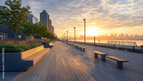 A modern boardwalk lined with minimalist benches and planters, stretching along a vibrant urban waterfront at sunrise.