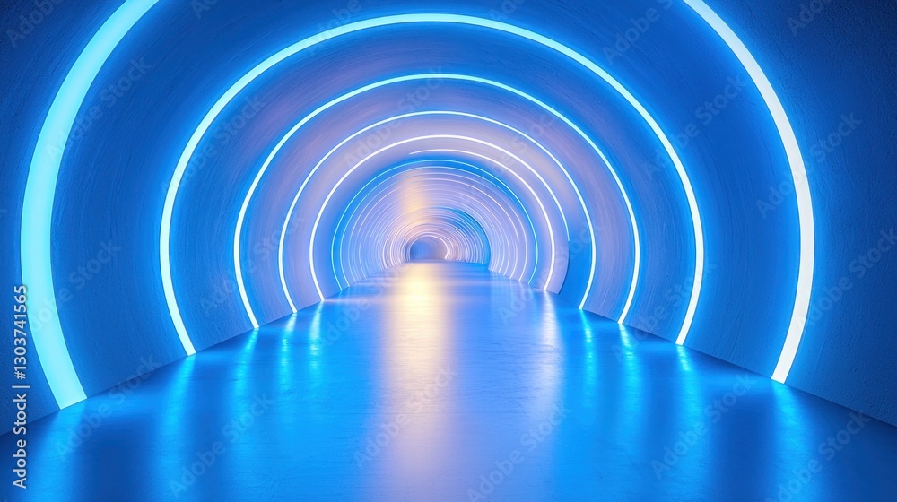 Fototapeta premium Futuristic Tunnel with Blue Neon Lights and Smooth Floor Surface