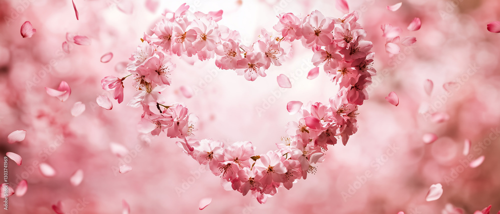 Fototapeta premium A heart gently formed by swirling cherry blossom petals in the wind, dreamy pink background