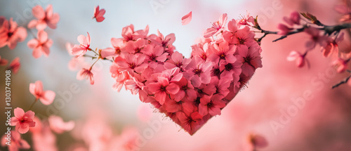 A heart gently formed by swirling cherry blossom petals in the wind, dreamy pink background