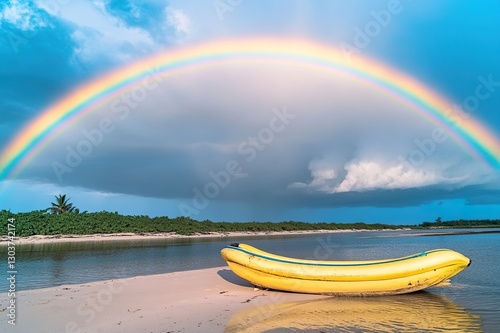 A banana boat resting on a sandbar under a vibrant rainbow that arches across a post-storm sky.