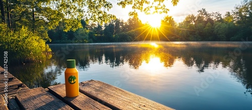 An eco-friendly sunscreen bottle on a wooden dock by the serene lake, surrounded by natural beauty, with trees and the sun reflecting on the water.