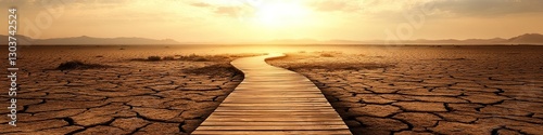 An expansive desert boardwalk over cracked earth, leading to a distant oasis under a hazy, golden sky.