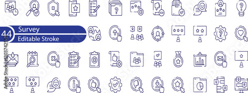 Survey icon set. Containing feedback, opinion, questionnaire, poll, research, data collection, review, satisfaction, answers, task, survey, list, clipboard, unhappy, checklist, and more