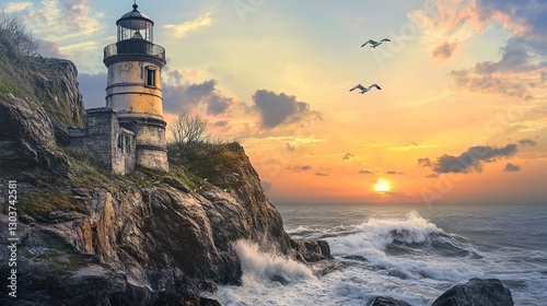 An abandoned lighthouse on a rocky cliff at sunset, with crashing waves below and seagulls soaring above.