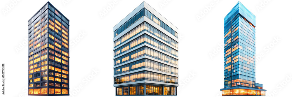 Fototapeta premium Three modern office buildings with glass facades and illuminated windows, isolated on white background.