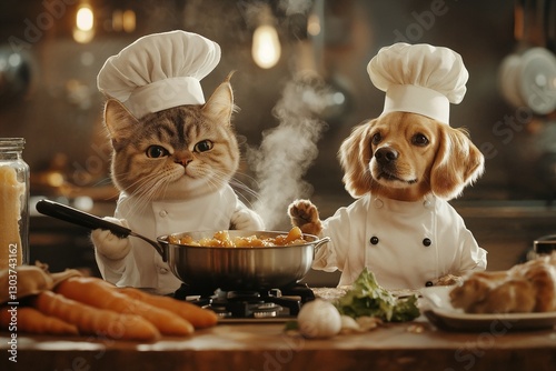 Playful cat and dog dressed as chefs, stirring a pot of food in a vintage-style kitchen. Funny and heartwarming pet concept.