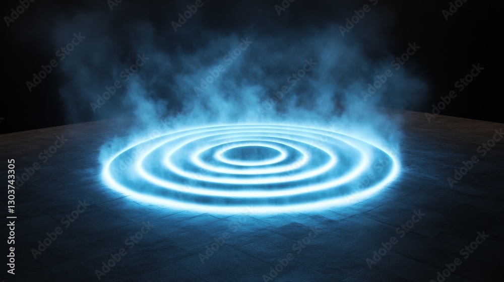 Fototapeta premium A glowing blue portal of concentric light circles emerges in darkness