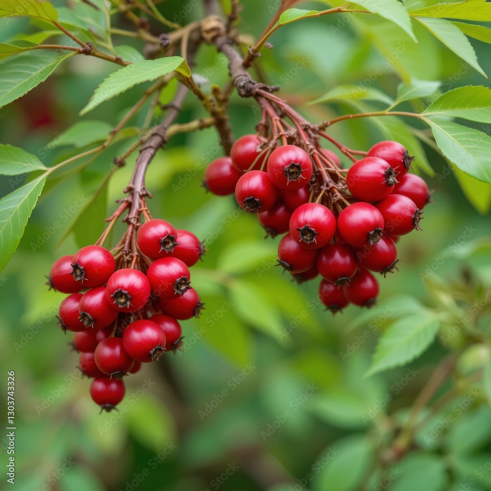 Red Berries Delight. Fresh Fruits On Branch. Green Leaves Abound. Nature's Beauty Captured. Stunning Close Up View. Red Berries Delight. Fresh Fruits On Branch. Green Leaves Abound. Nature's Beauty Captured. Stunning Close Up View.