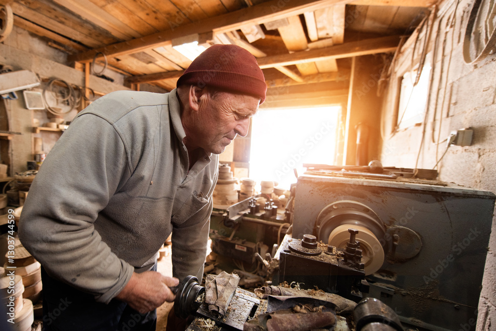 Elderly Craftsman Working in a Rustic Workshop Elderly Craftsman Working in a Rustic Workshop