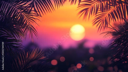 A vibrant sunset seen through the palm tree fronds and leaves