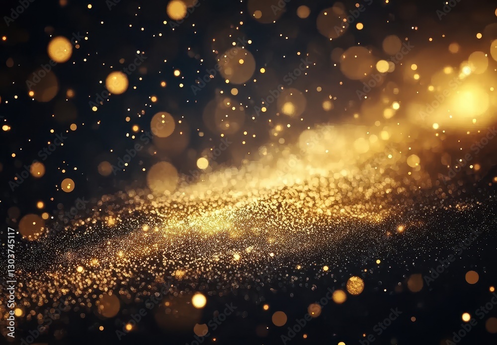 Naklejka premium Glittering Particles and Golden Bokeh Create an Enchanting Abstract Background for Celebrations, Events, and Creative Projects