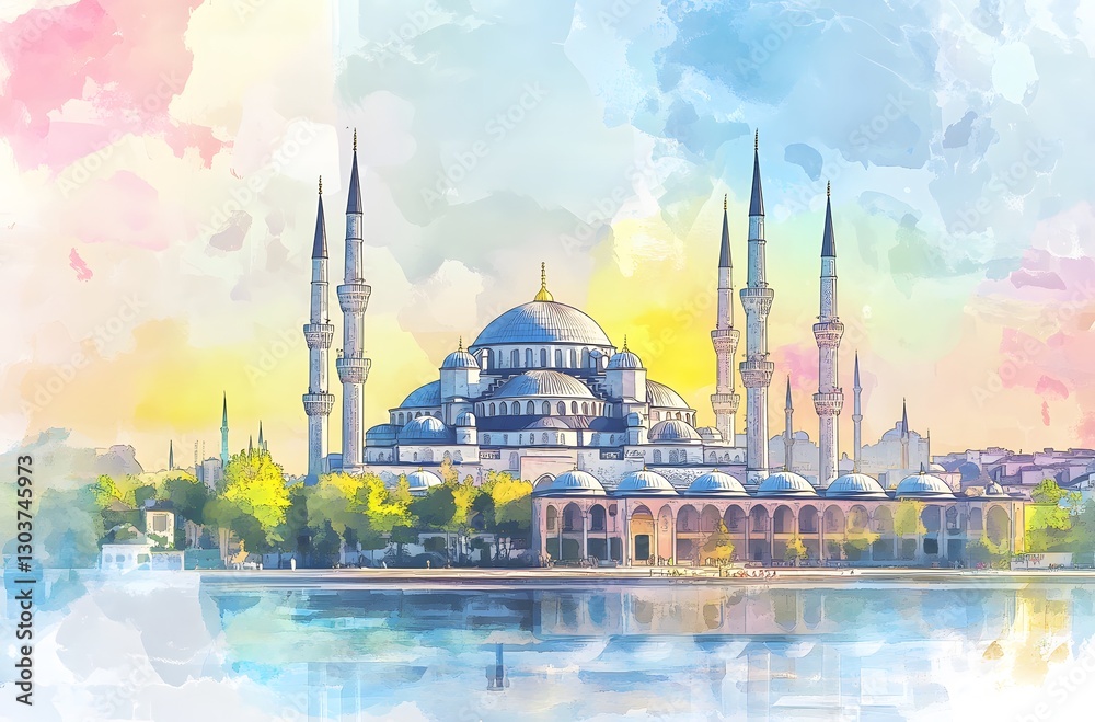 Naklejka premium Majestic Mosque on a Tranquil Waterfront at Dawn