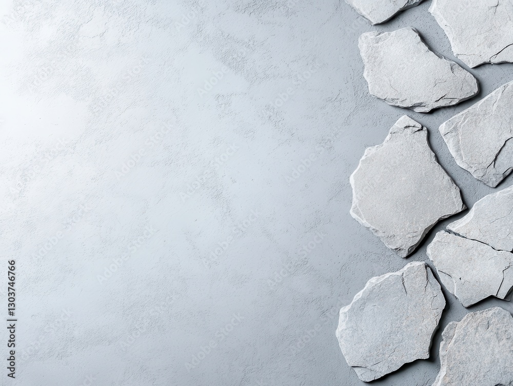 Fototapeta premium Gray stone pieces arranged on a textured surface, creating an abstract background