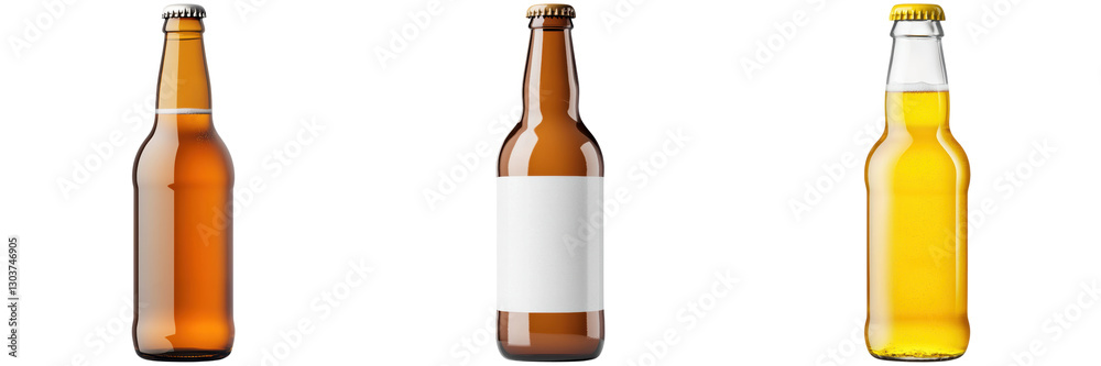 Three beer bottles. One with a blank label. Mockup. Three beer bottles. One with a blank label. Mockup.