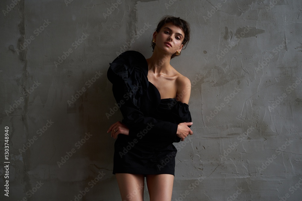 Fototapeta premium Stylish model poses in elegant black outfit against textured gray wall in indoor setting