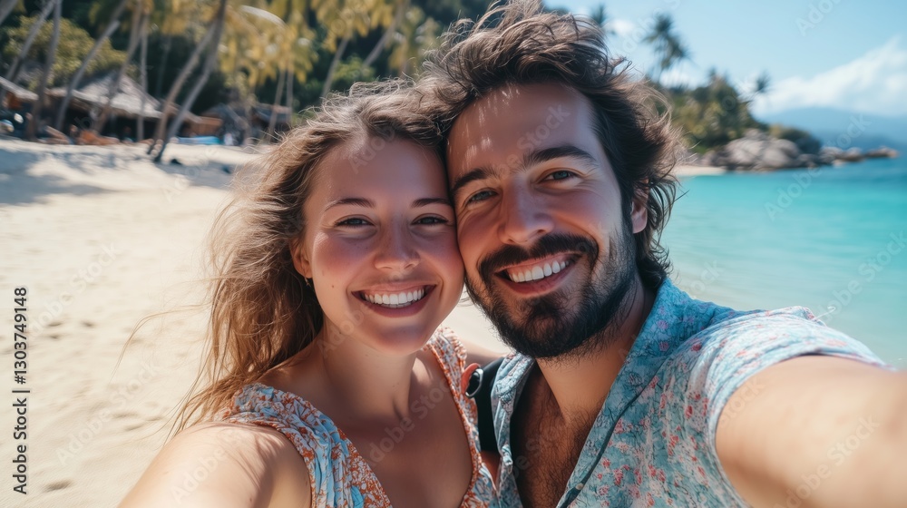 Happy European Couple Taking a Selfie on the Sandy Beach of Koh Samui, Thailand - Tropical Vacation and Romantic Getaway Happy European Couple Taking a Selfie on the Sandy Beach of Koh Samui, Thailand - Tropical Vacation and Romantic Getaway