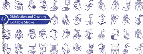 Simple Set of Disinfection and Cleaning Related Vector Line Icons. Contains such Icons as Man in Disinfection Protective Suite, Sanitizer, Spray more.