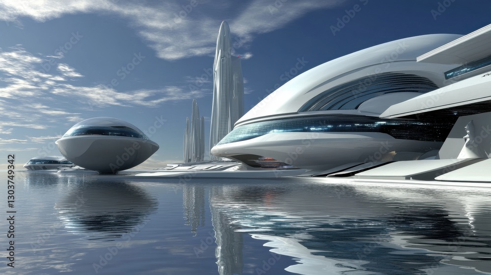 Obraz premium Futuristic Concept of a Sleek Aerodynamic Spaceport Terminal with Innovative Architectural Design, Surrounded by Water and Skyscraping Structures Under a Clear Sky