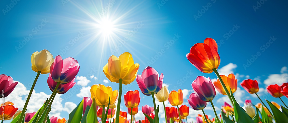 Obraz premium A field of tulips in vibrant colors stretching towards the horizon, capturing the essence of spring