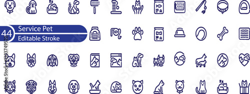 Simple Set of Service Pet Related Vector Line Icons. Contains such Icons as Emotional Support Dog, Restriction Sign, Pet Transportation Pictogram and more.