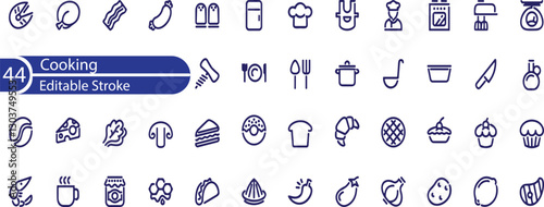 Cooking Line Editable Icons set. Vector illustration in thin line modern style of cooking process, main ingredients and kitchen utensils icons.