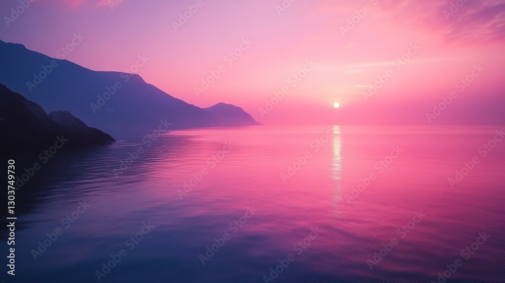 The sun sets over a calm body of water and mountains