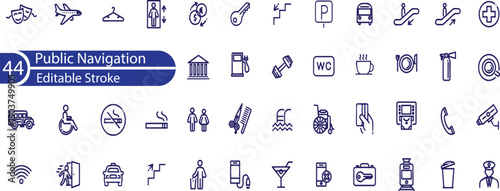 Public Navigation Line Editable Icons set. Vector illustration in modern thin line style of basic icons related to public places . shopping mall, park, toilet, and other.