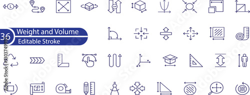 Line icons about length, weight and volume. Contains such icons as ruler, m2, area and more. Editable vector stroke