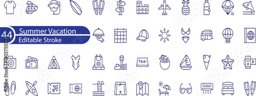 Summer Vacation Editable Icons set. Vector illustration in modern thin line style of travel related icons .  sea, surfing, beach, hotel, and more.