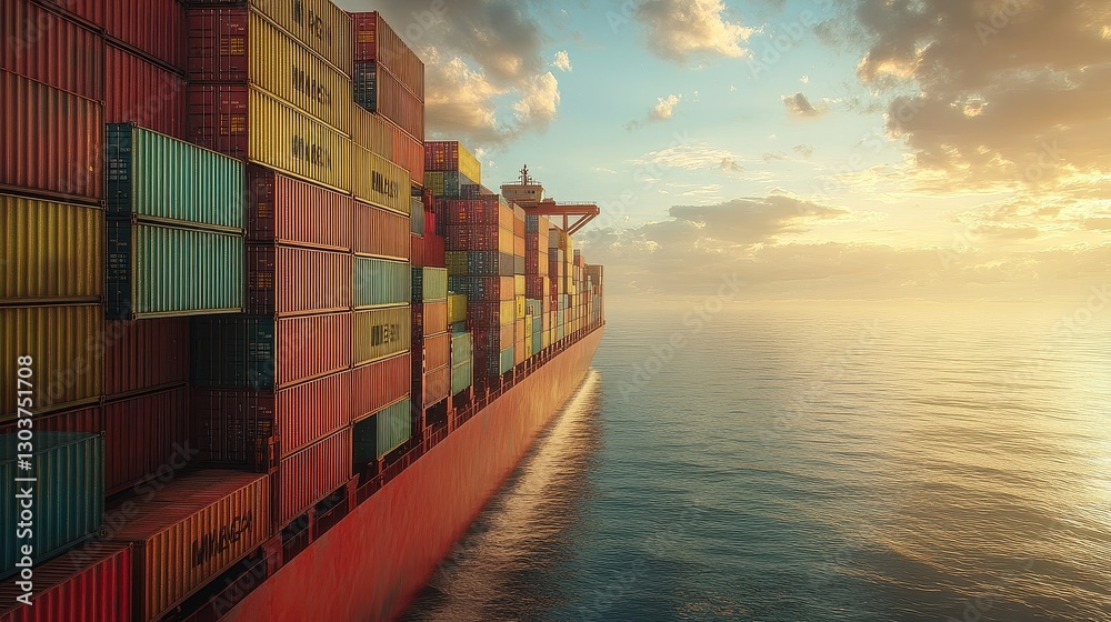 Fototapeta premium Side view of a massive container vessel fully loaded with multicolored cargo containers, sailing under a bright sky, highlighting the importance of maritime shipping in the global economy. 