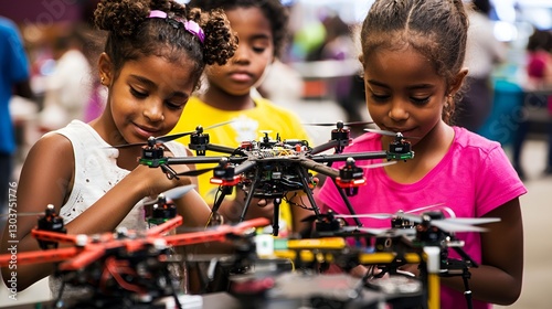 Children assembling drones at science fair