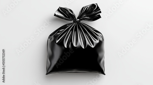 Single untied black garbage bag laid flat, glossy texture reflecting soft light, isolated on a white background, practical utility concept