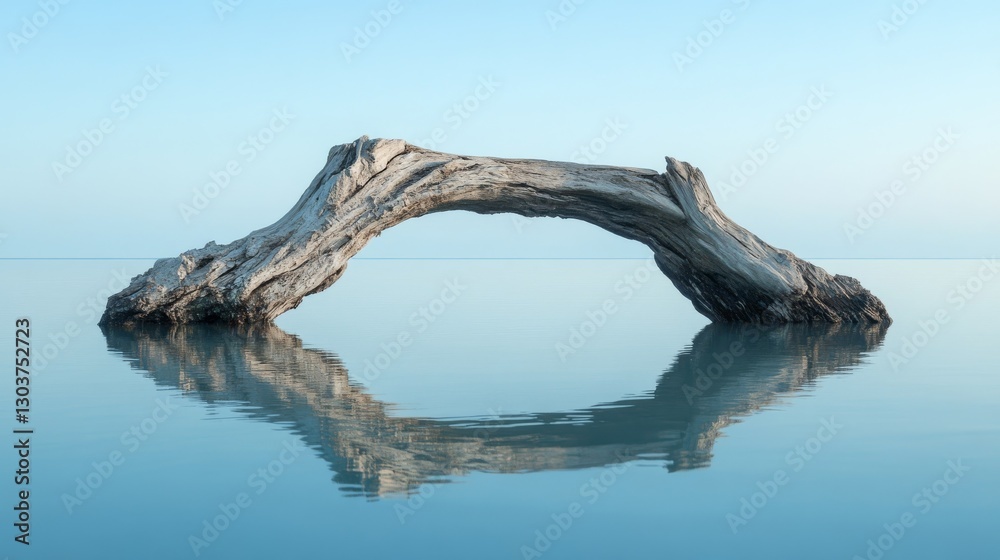 Fototapeta premium A weathered log arching over calm water under a clear sky