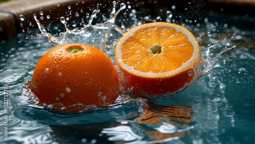 Oranges splashing playfully in refreshing water pool