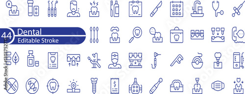 Set of 44 Dental line icons set. Dental outline icons with editable stroke collection. Includes Dentist, Teeth, Treatment, Clinic, Braces and More.