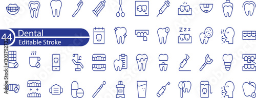 Set of 44 Dental line icons set. Dental outline icons with editable stroke collection. Includes Dentist, Teeth, Treatment, Clinic, Braces and More.