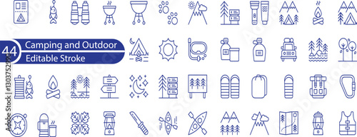 Camping Line Editable Icons set. Vector illustration in modern thin line style of outdoor activities related icons. hiking, fishing, mountain biking, and more.