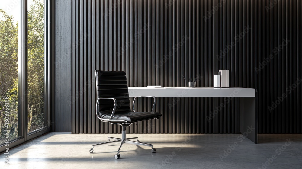 Fototapeta premium Modern office desk, black wall, natural light, work space, interior, empty