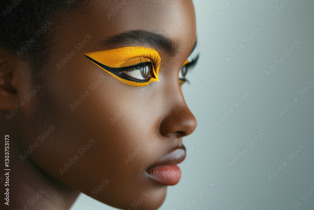 Fototapeta premium Profile of a young Black woman with bold yellow and black eye makeup, showcasing artistic beauty and elegance.