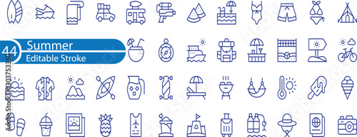 Set of 44 Summer or Summer Vacation line icons set. Summer outline icons with editable stroke collection. Includes Camera, Backpack, Airport, Bonefire, Fishing, and More.