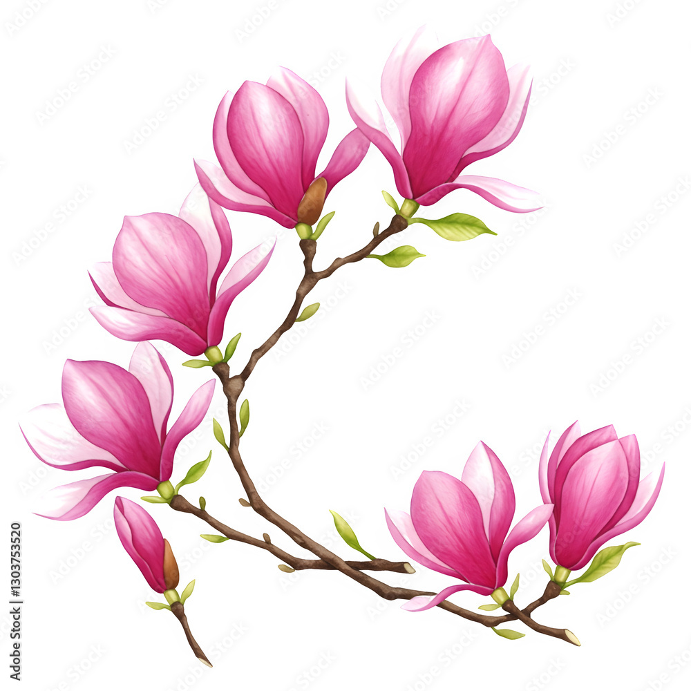 Obraz premium Watercolor illustration of a pink magnolia flower bouquet, featuring a lovely arrangement against a white backdrop, perfect for spring vibes.
