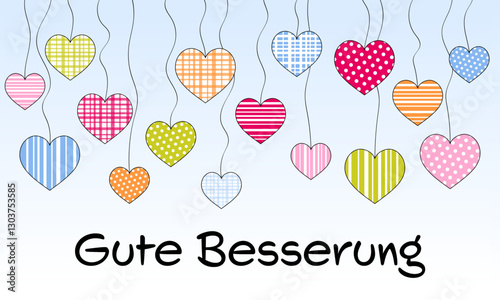 Gute Besserung - Schriftzug in deutscher Sprache. Genesungskarte mit bunten hängenden Herzen.