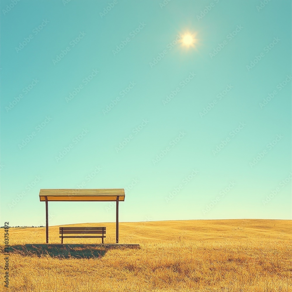 Lonely countryside bus stop with a wooden bench, golden fields stretching into the horizon, and a radiant sun in the clear sky above Lonely countryside bus stop with a wooden bench, golden fields stretching into the horizon, and a radiant sun in the clear sky above