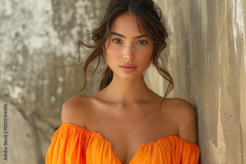 Fototapeta premium A young woman of Latin descent poses gracefully, showcasing her natural beauty against a textured backdrop.