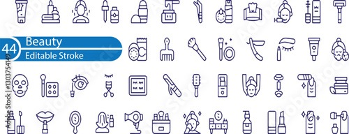 Beauty web icons set. Cosmetology and dermatology simple thin line icons collection. Containing cream bottle, lipstick, makeup brush, care skin, face mask and more