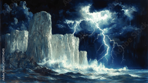 Dramatic Ocean Cliffside Thunderstorm with Lightning Strikes and Turbulent Waves Under Dark Stormy Skies - Stunning Vector Art Illustration for Nature Enthusiasts
